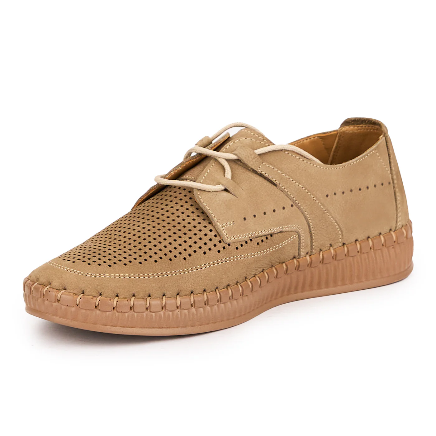 Pantofi perforati barbati din piele naturala bej 7756 - Image 3