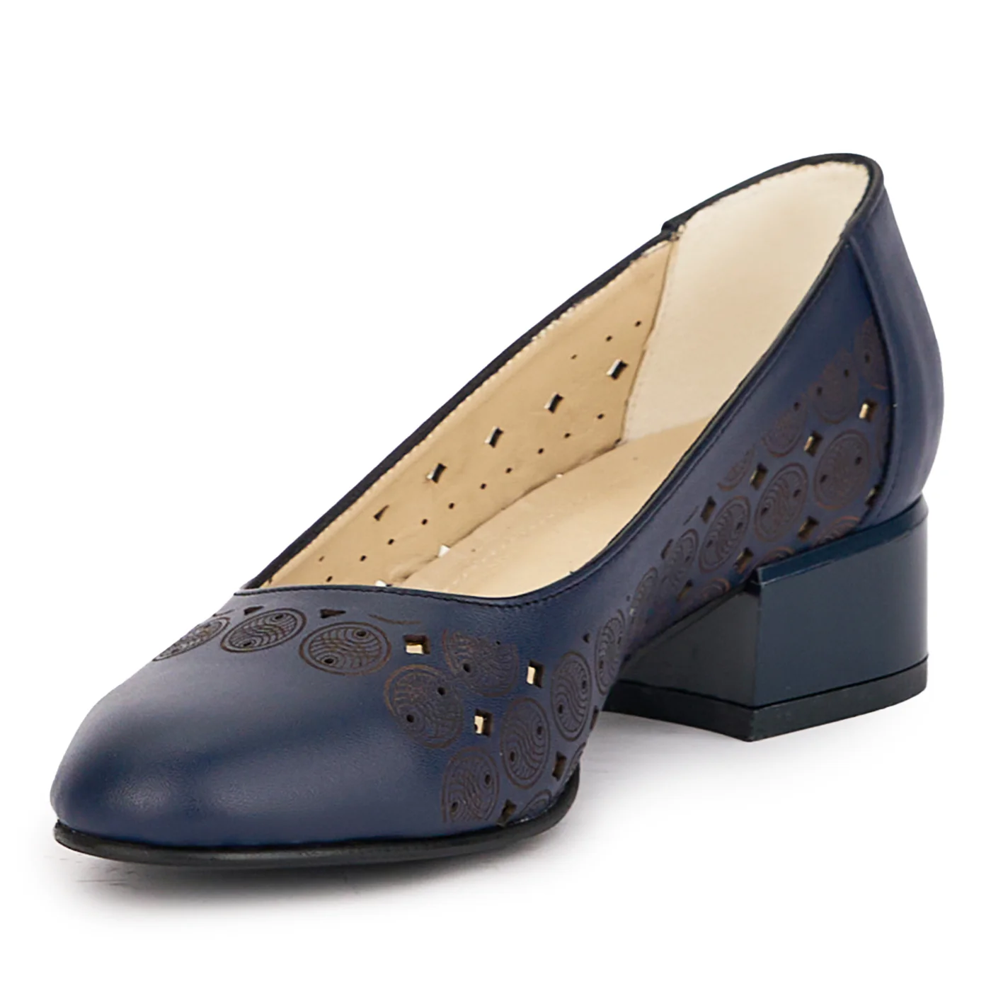 Pantofi perforati dama din piele naturala bleumarin cu toc mic 3.5 cm 17034 - Image 3