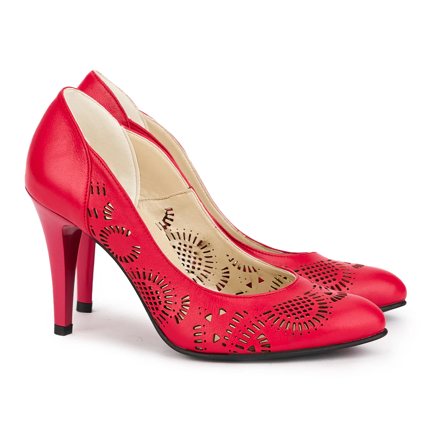 Pantofi perforati dama din piele naturala rosu cu toc subtire 9.5 cm 17035 - Image 4