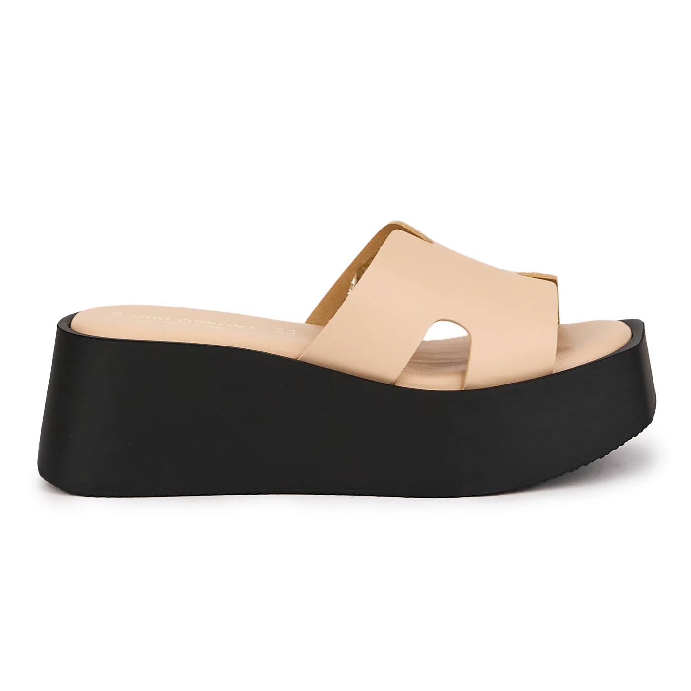 Papuc dama din piele naturala bej cu platforma 7 cm 16601