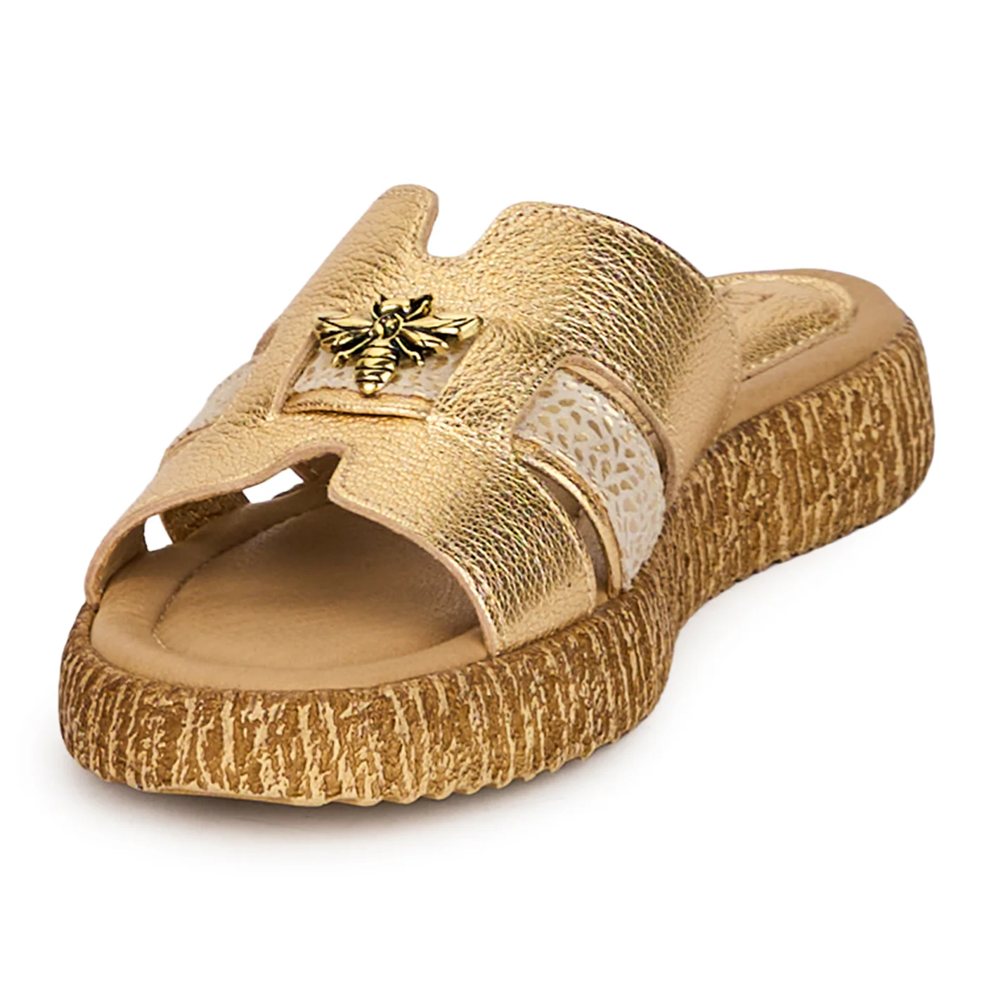 Papuci dama din piele naturala aurie cu accesoriu 18364 - Image 3