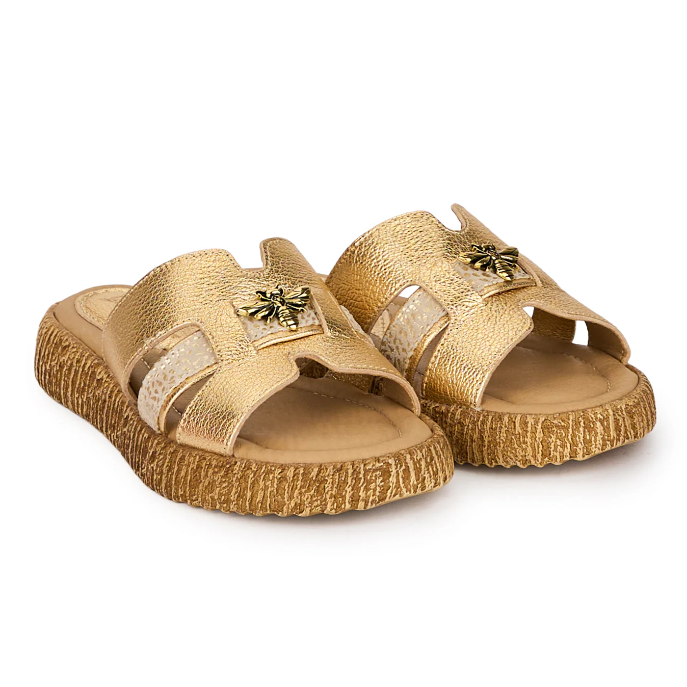 Papuci dama din piele naturala aurie cu accesoriu 18364 - Image 4