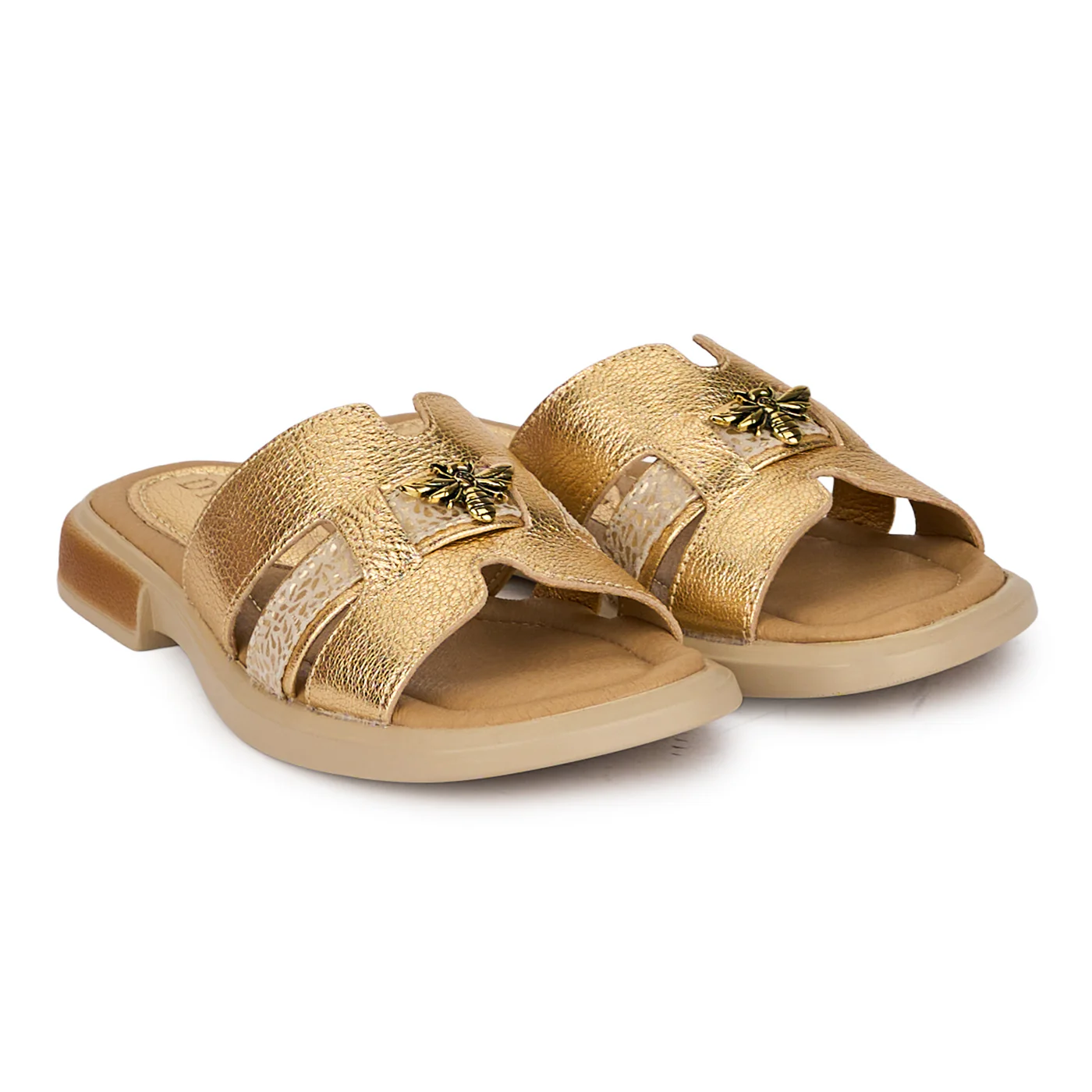Papuci dama din piele naturala aurie cu accesoriu 18395 - Image 4