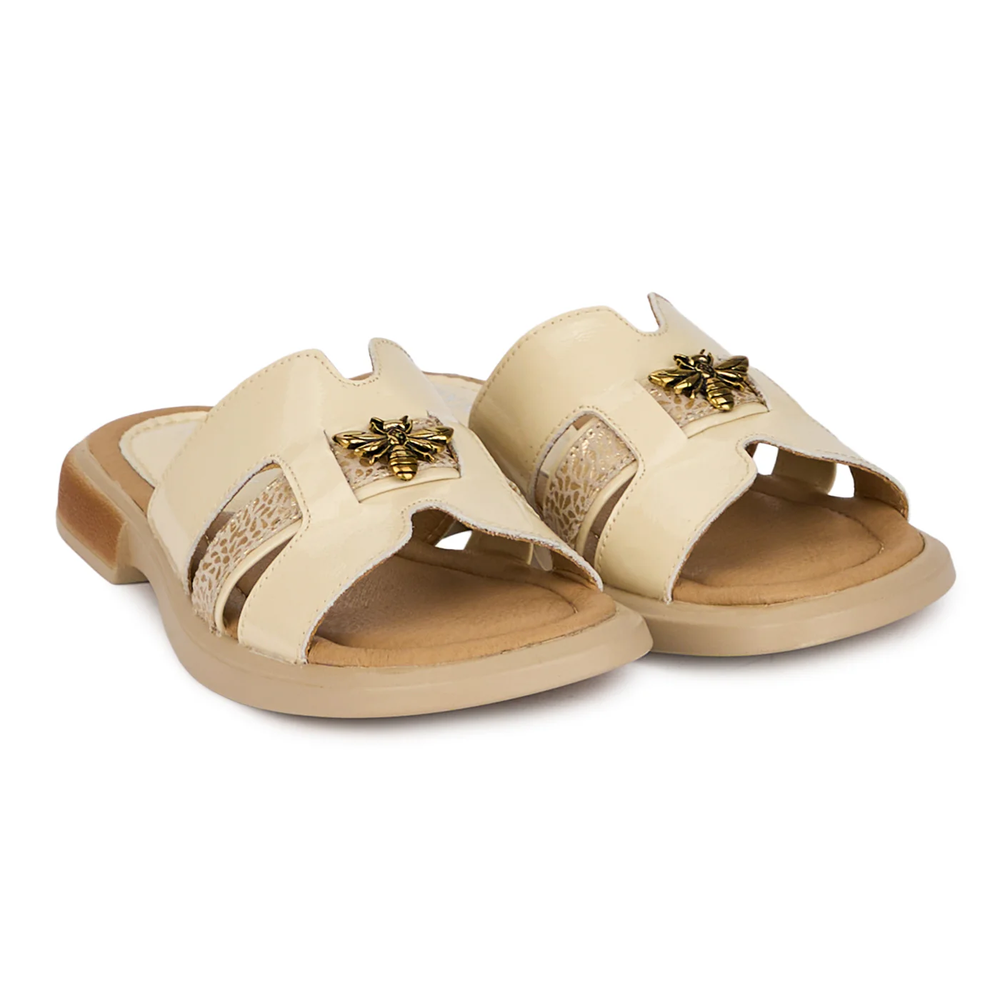 Papuci dama din piele naturala bej cu accesoriu metalic 18535 - Image 4