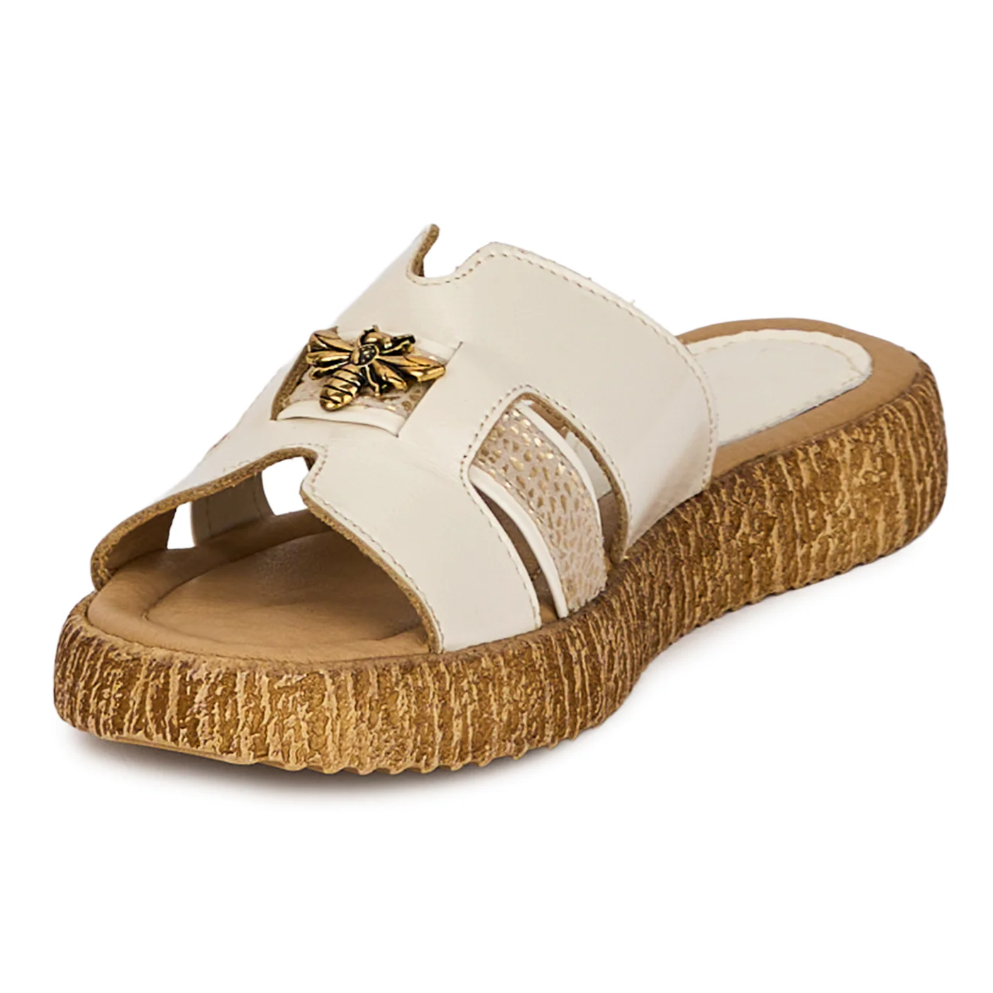 Papuci dama din piele naturala bej cu accesoriu metalic 18537 - Image 3