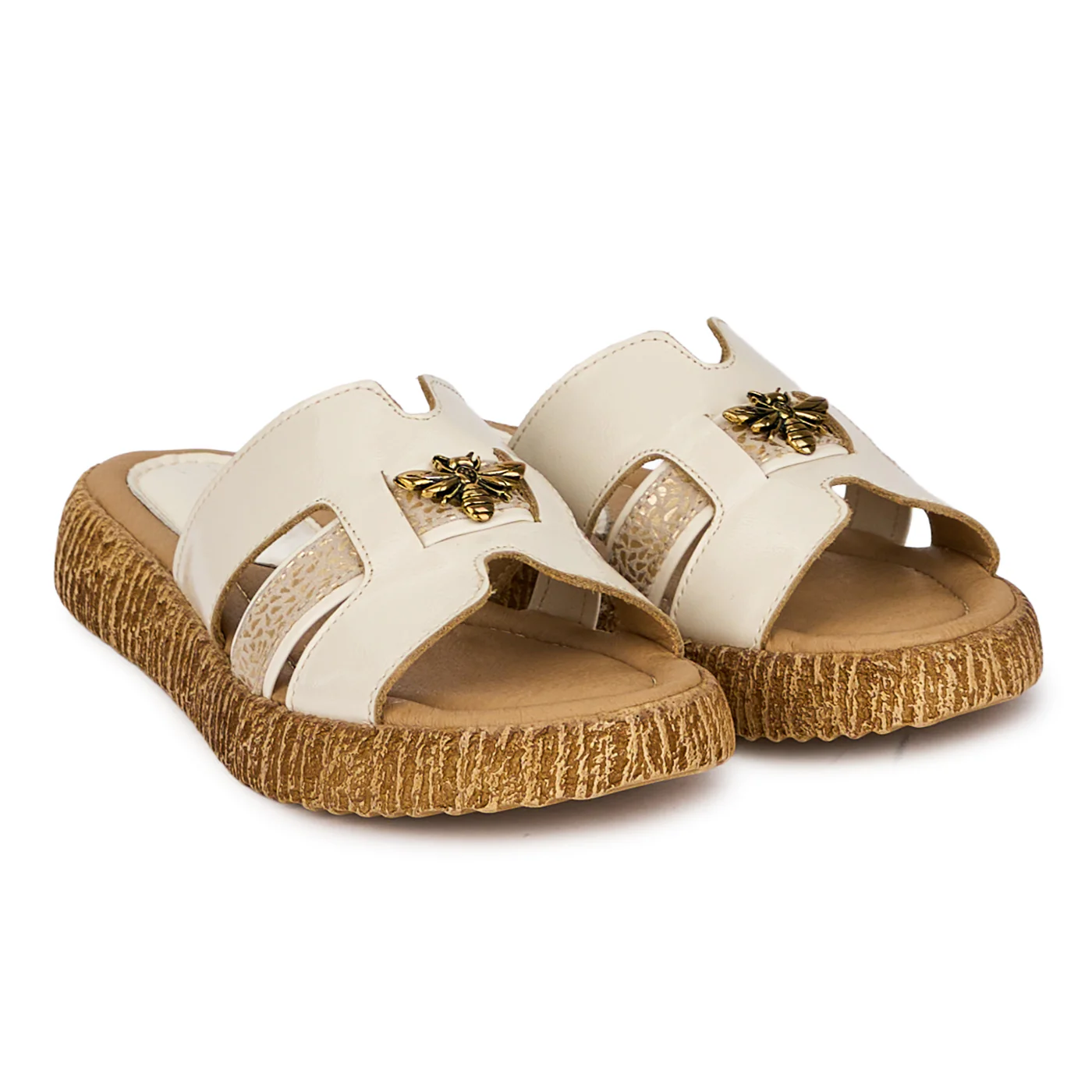 Papuci dama din piele naturala bej cu accesoriu metalic 18537 - Image 4
