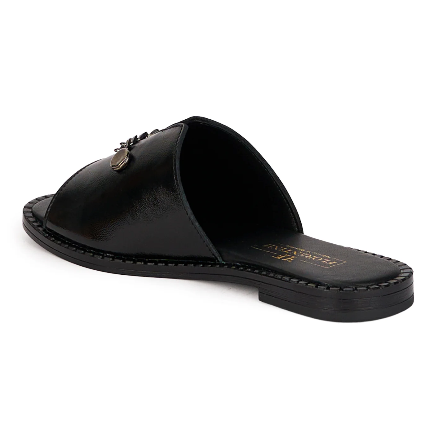 Papuci dama din piele naturala neagra cu accesoriu metalic 18450 - Image 2