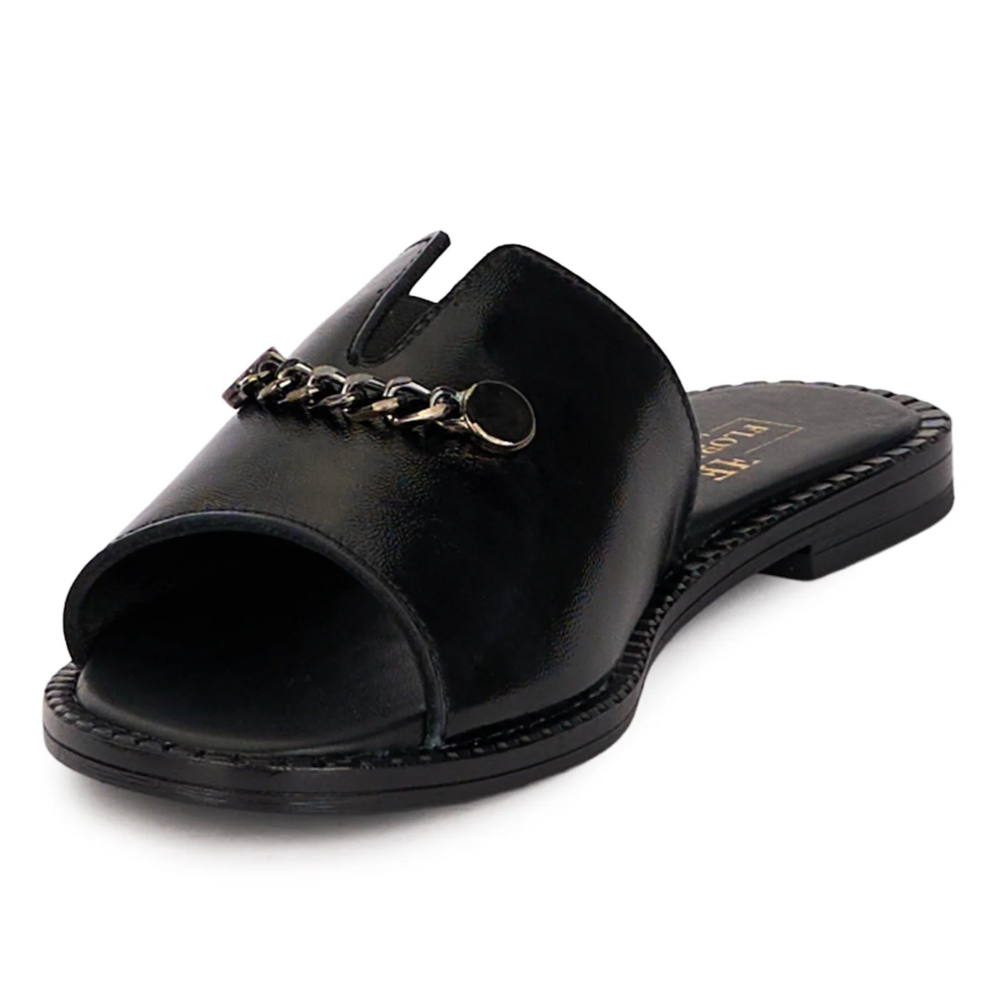 Papuci dama din piele naturala neagra cu accesoriu metalic 18450 - Image 3