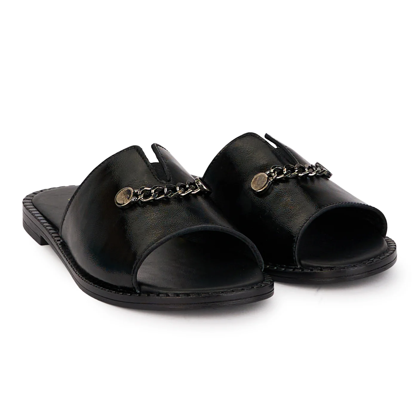 Papuci dama din piele naturala neagra cu accesoriu metalic 18450 - Image 4