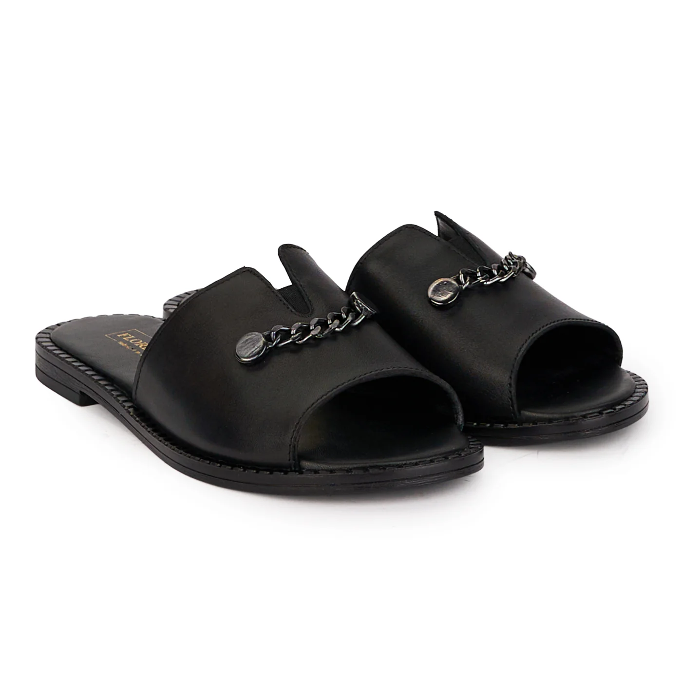 Papuci dama din piele naturala neagra cu accesoriu metalic 18451 - Image 4