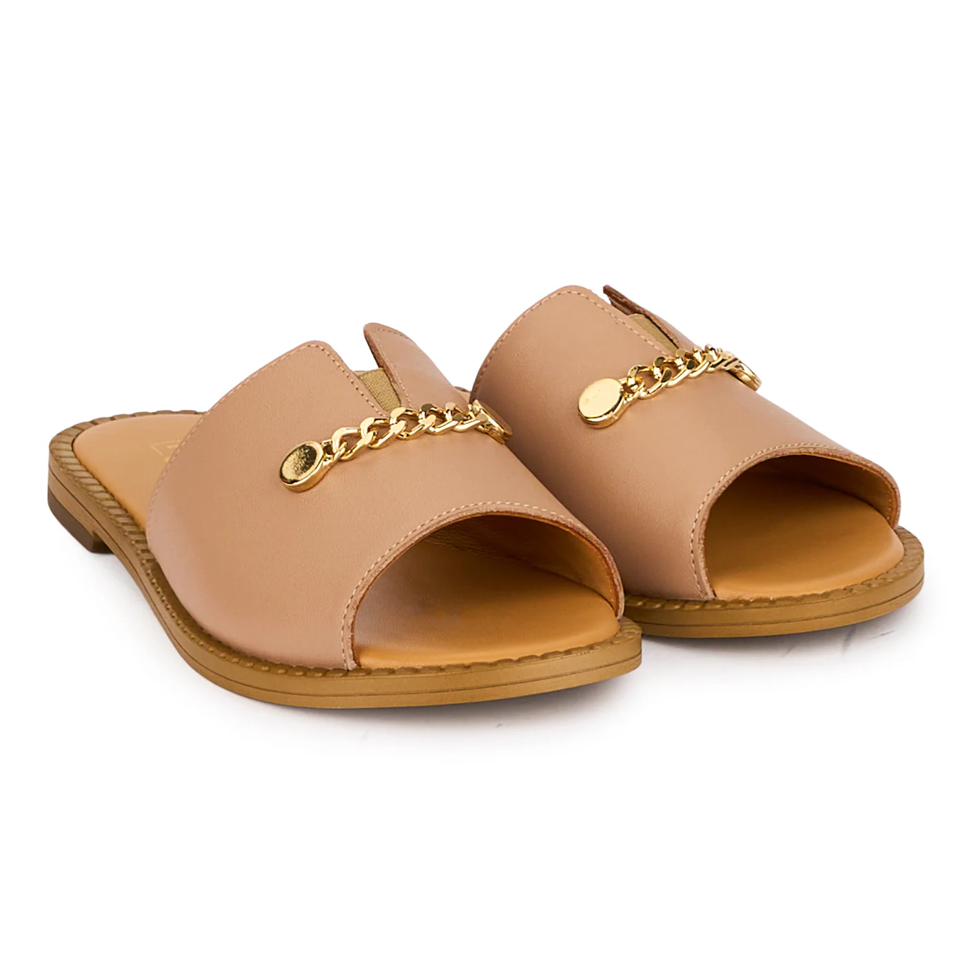 Papuci dama din piele naturala roz pudra cu accesoriu metalic 18543 - Image 4