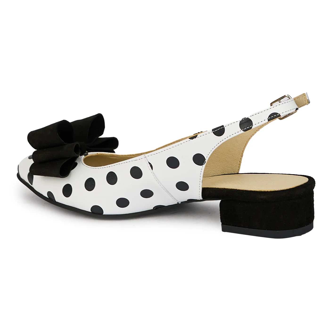 Sandale dama din piele naturala alba cu buline negre cu toc mic 3 cm 18174 - Image 2
