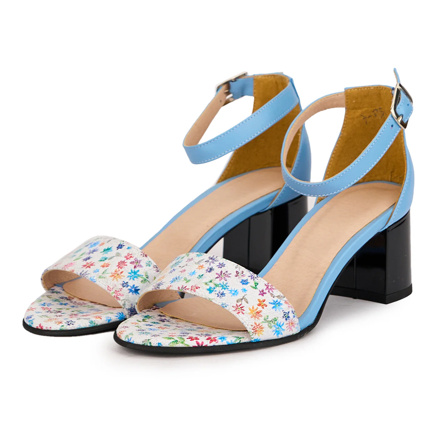 Sandale dama din piele naturala albastru + floral cu toc gros 5.5 cm 16511 - Image 3