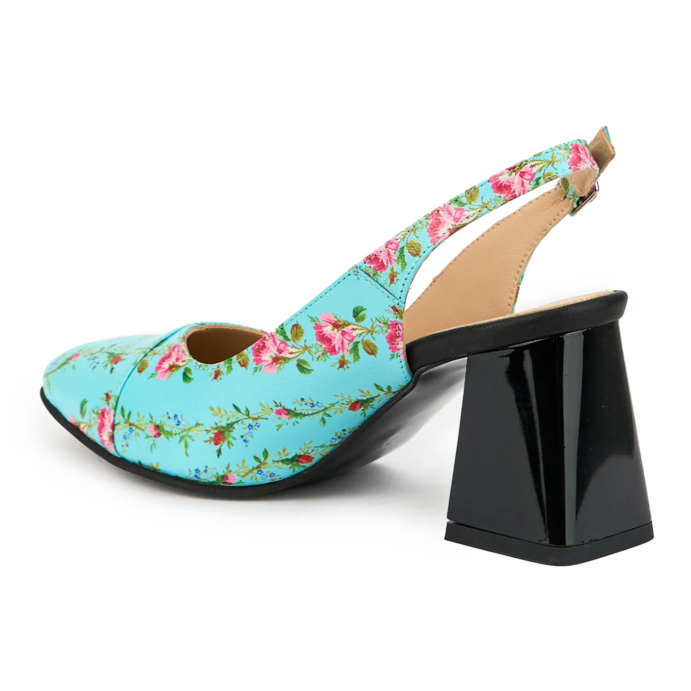 Sandale dama din piele naturala albastru - floral cu toc gros 8 cm 14918 - Image 2