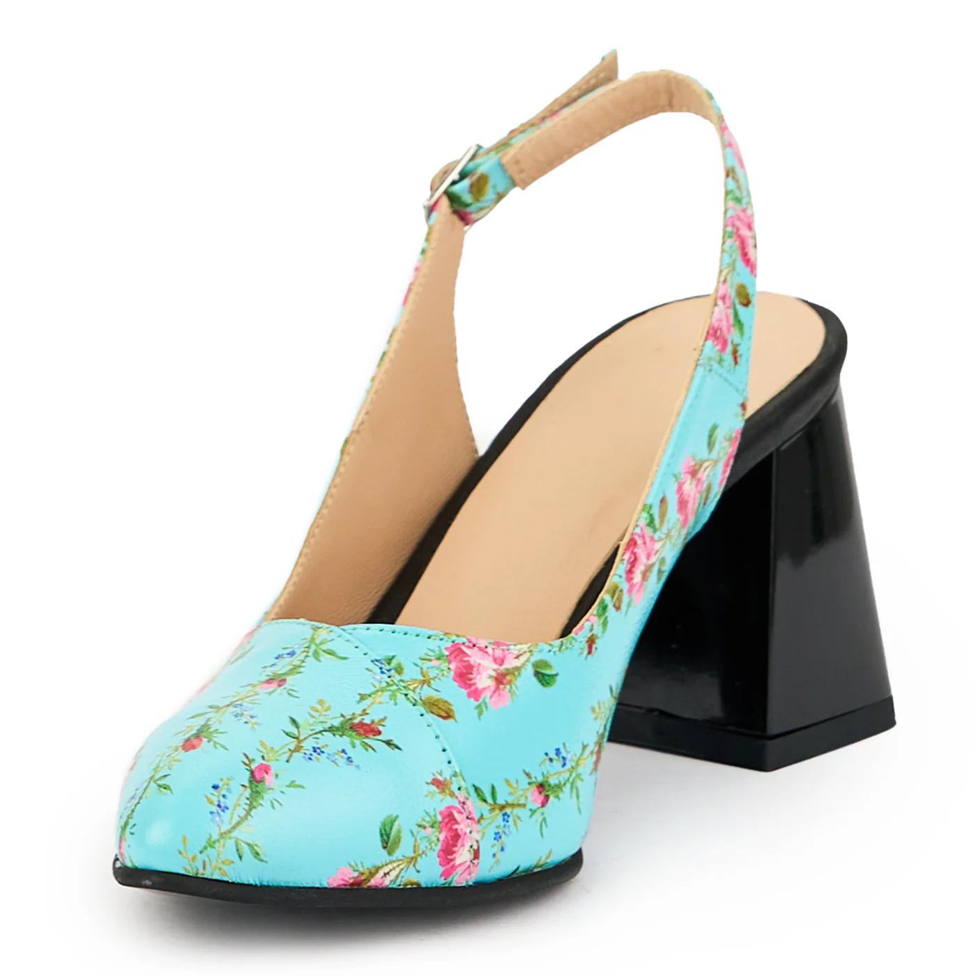 Sandale dama din piele naturala albastru - floral cu toc gros 8 cm 14918 - Image 3