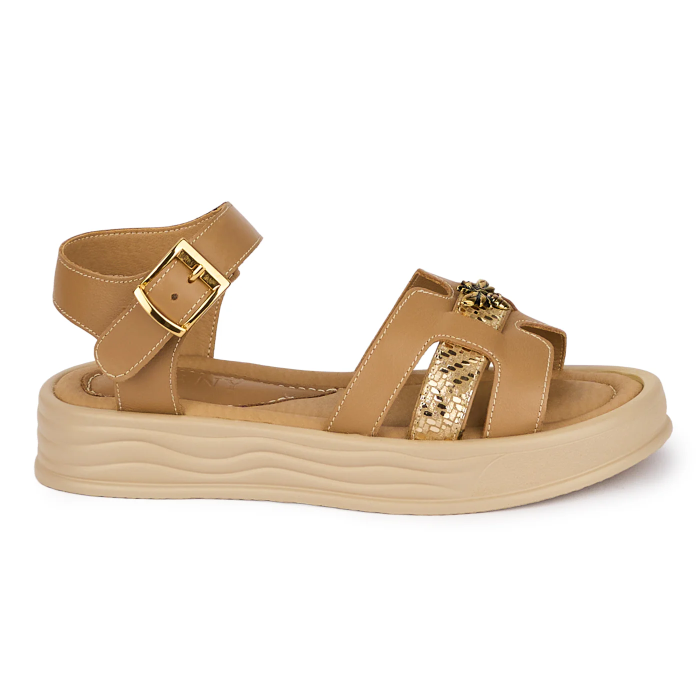 Sandale dama din piele naturala bej cu accesoriu 18388