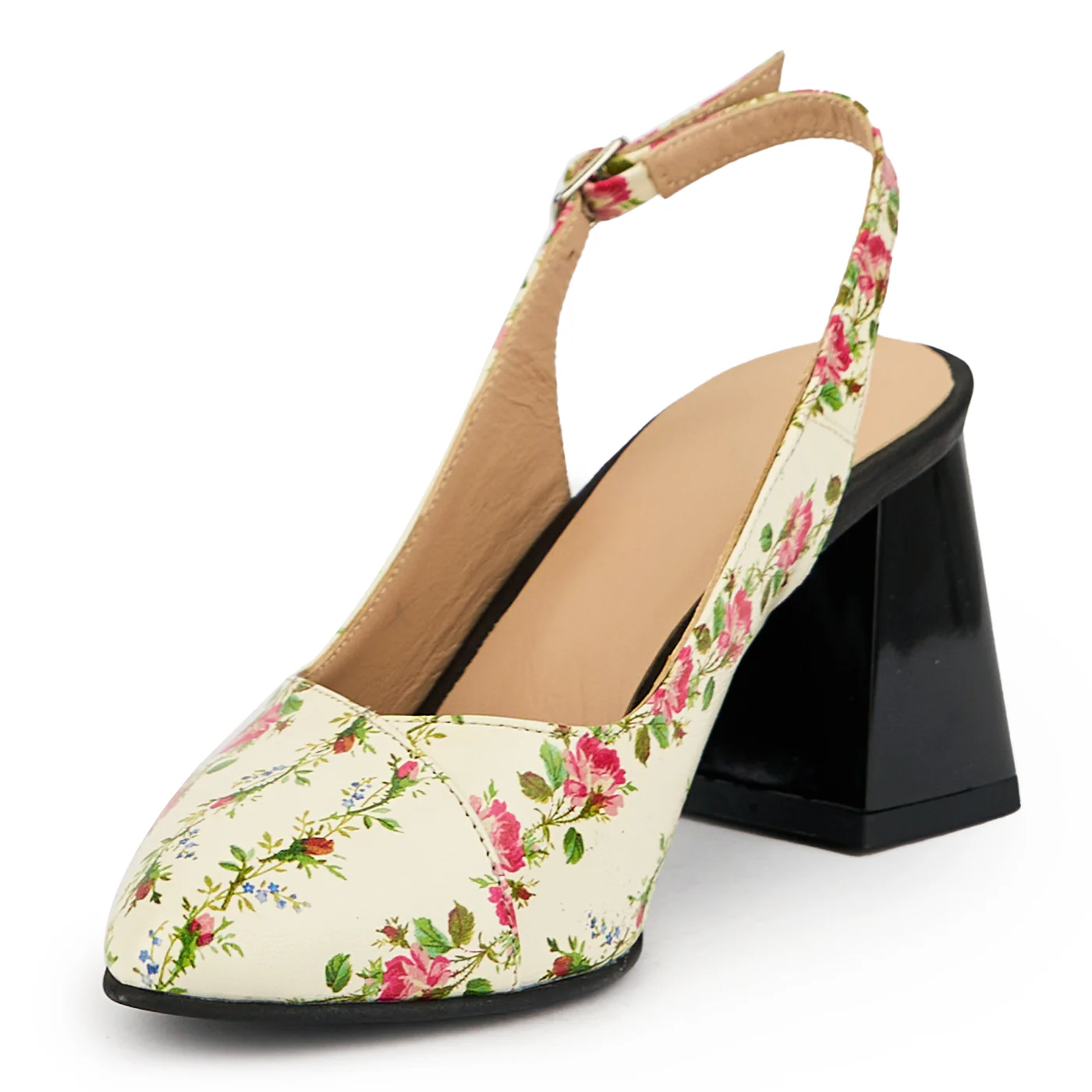 Sandale dama din piele naturala bej - floral cu toc gros 8 cm 14916 - Image 3