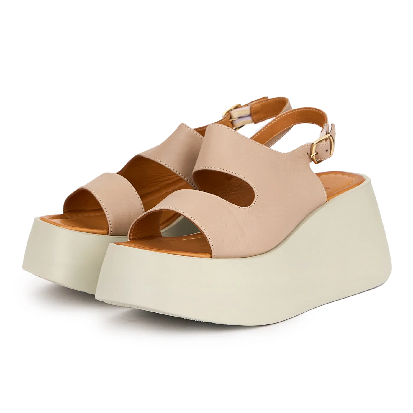 Sandale dama din piele naturala bej-gri cu talpa inalta 7.5 cm 16333 - Image 3