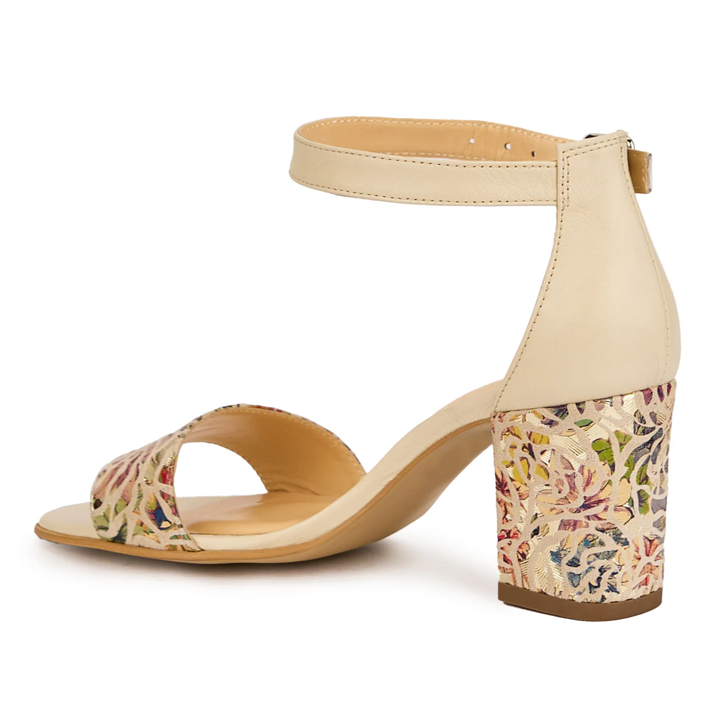 Sandale dama din piele naturala bej + multicolor cu toc gros 7 cm 16470 - Image 2