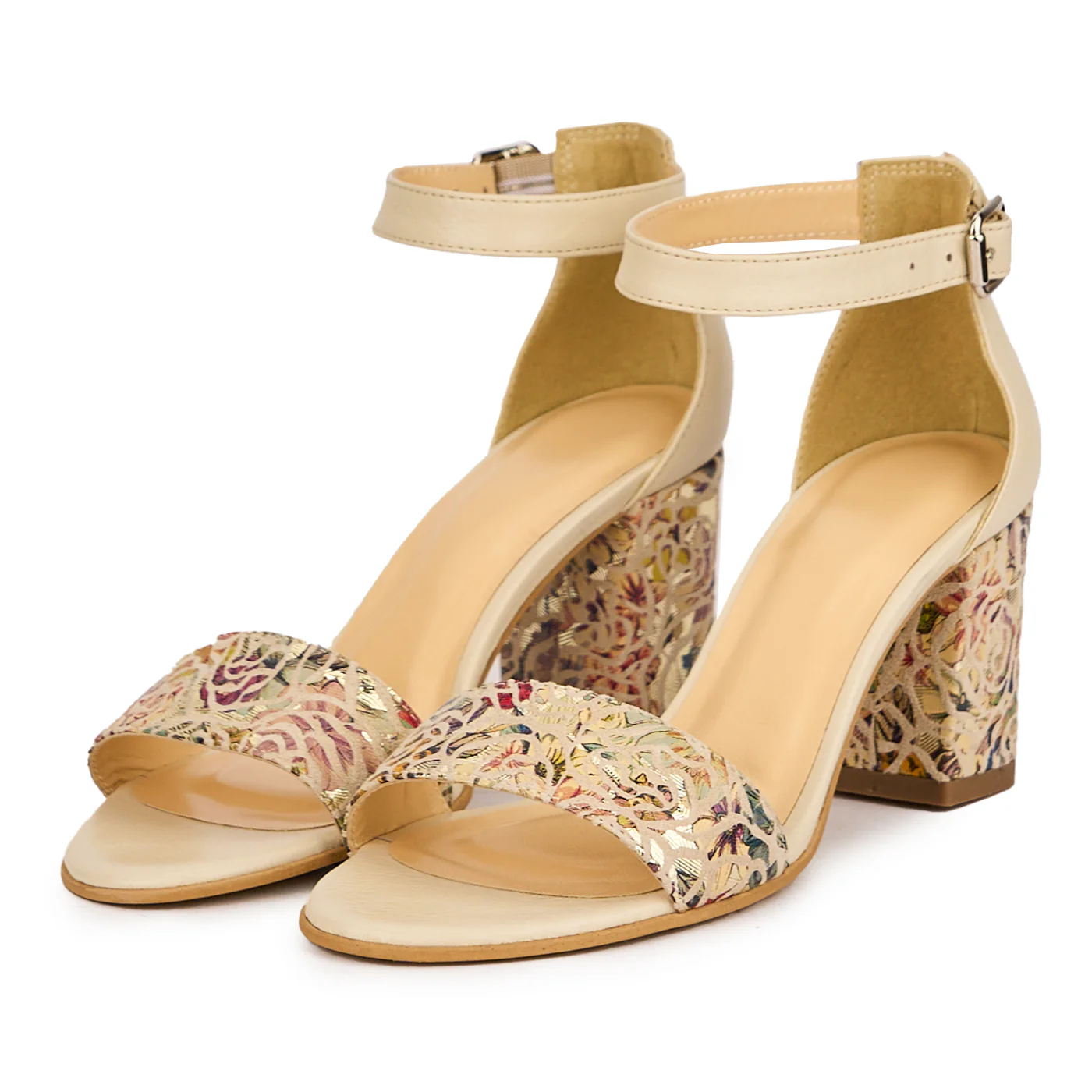 Sandale dama din piele naturala bej + multicolor cu toc gros 7 cm 16470 - Image 3