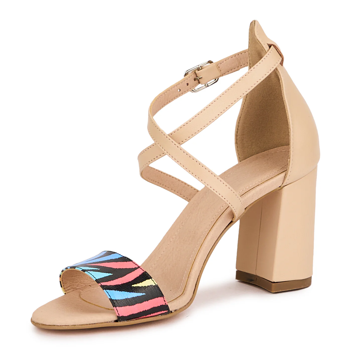 Sandale dama din piele naturala bej + multicolor cu toc gros 8 cm 16497 - Image 3