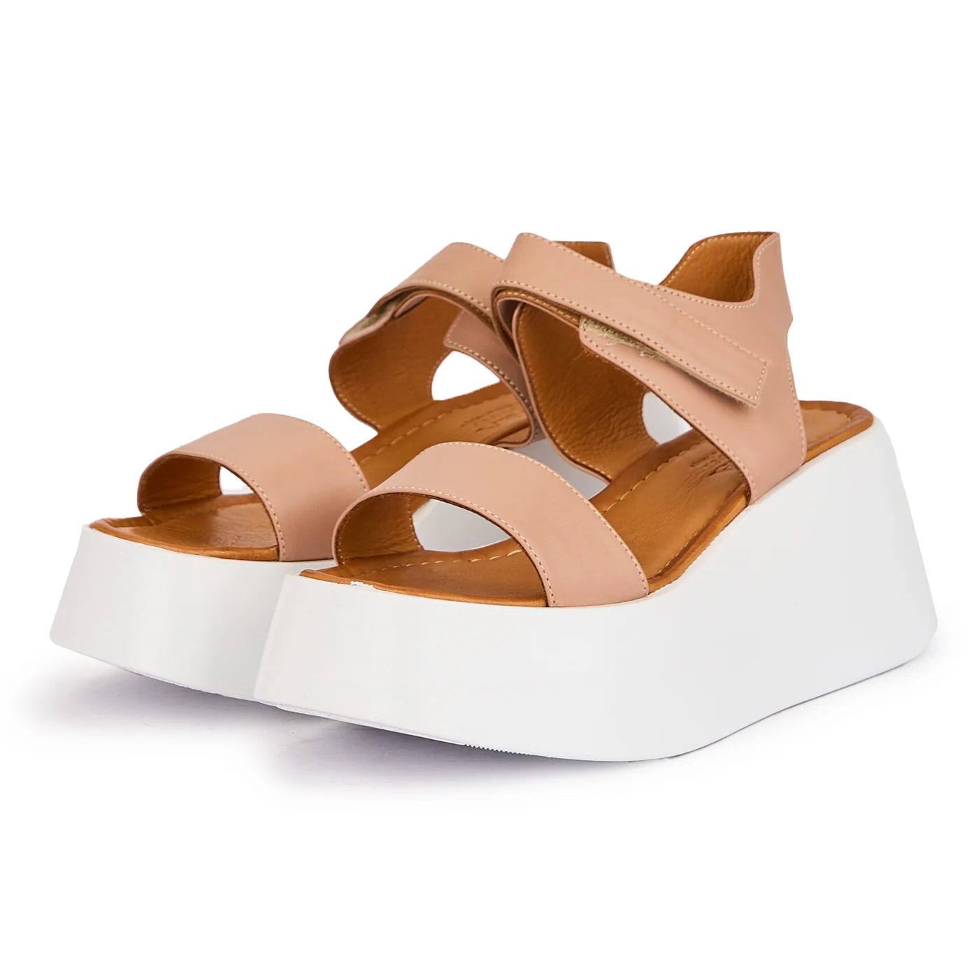 Sandale dama din piele naturala bej-roz cu talpa inalta 7.5 cm 16332 - Image 3