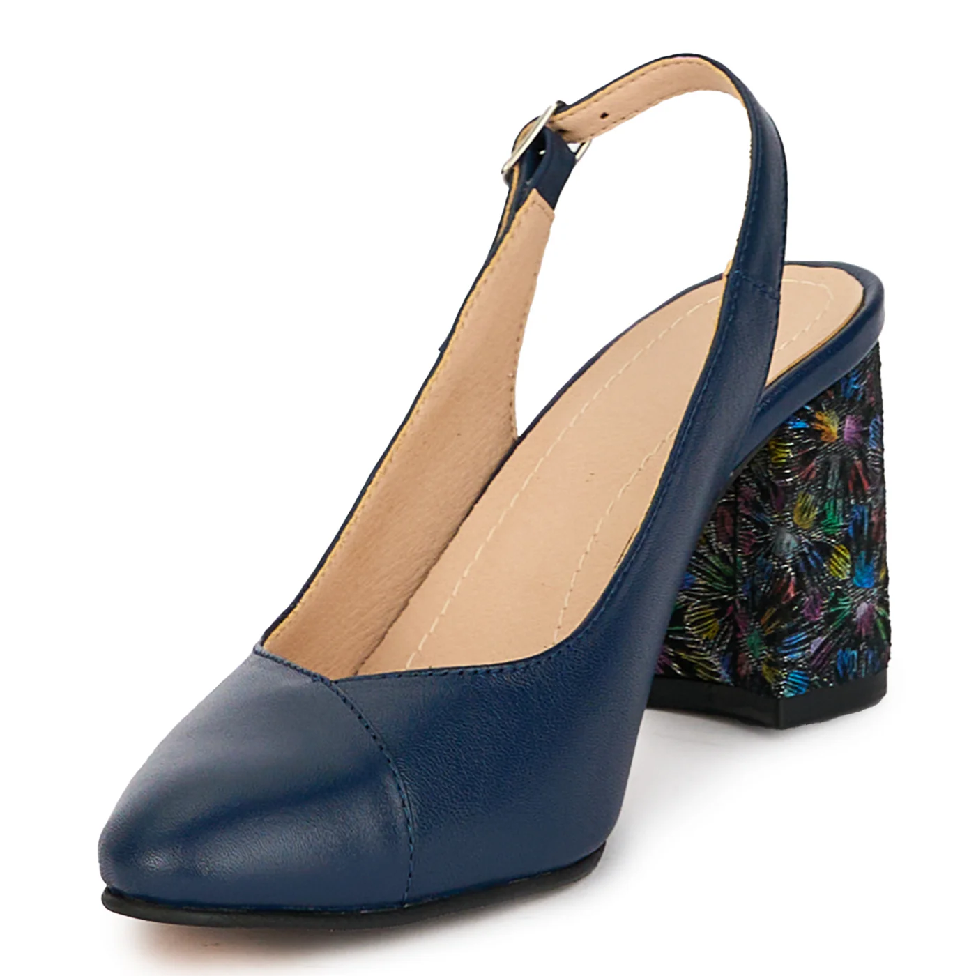 Sandale dama din piele naturala bleumarin cu toc gros 7.5 cm 18190 - Image 3