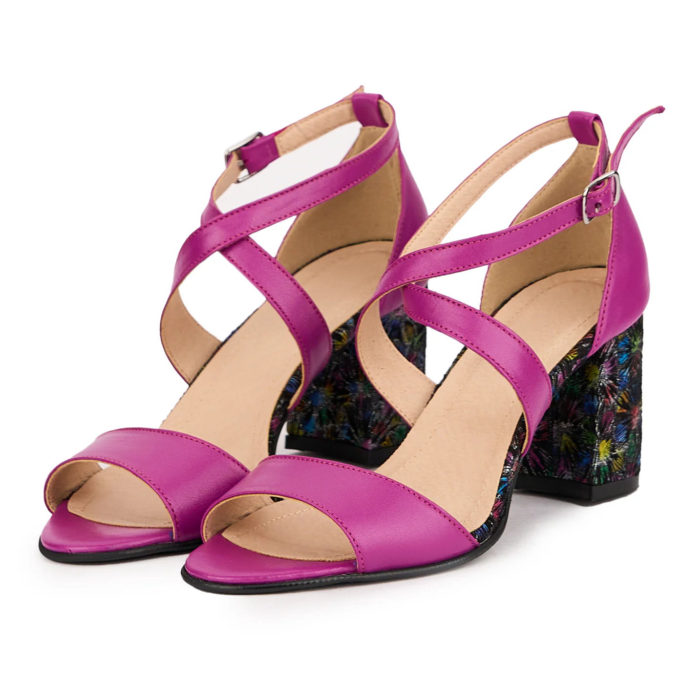Sandale dama din piele naturala mov cu toc gros 7.5 cm 16434 - Image 3