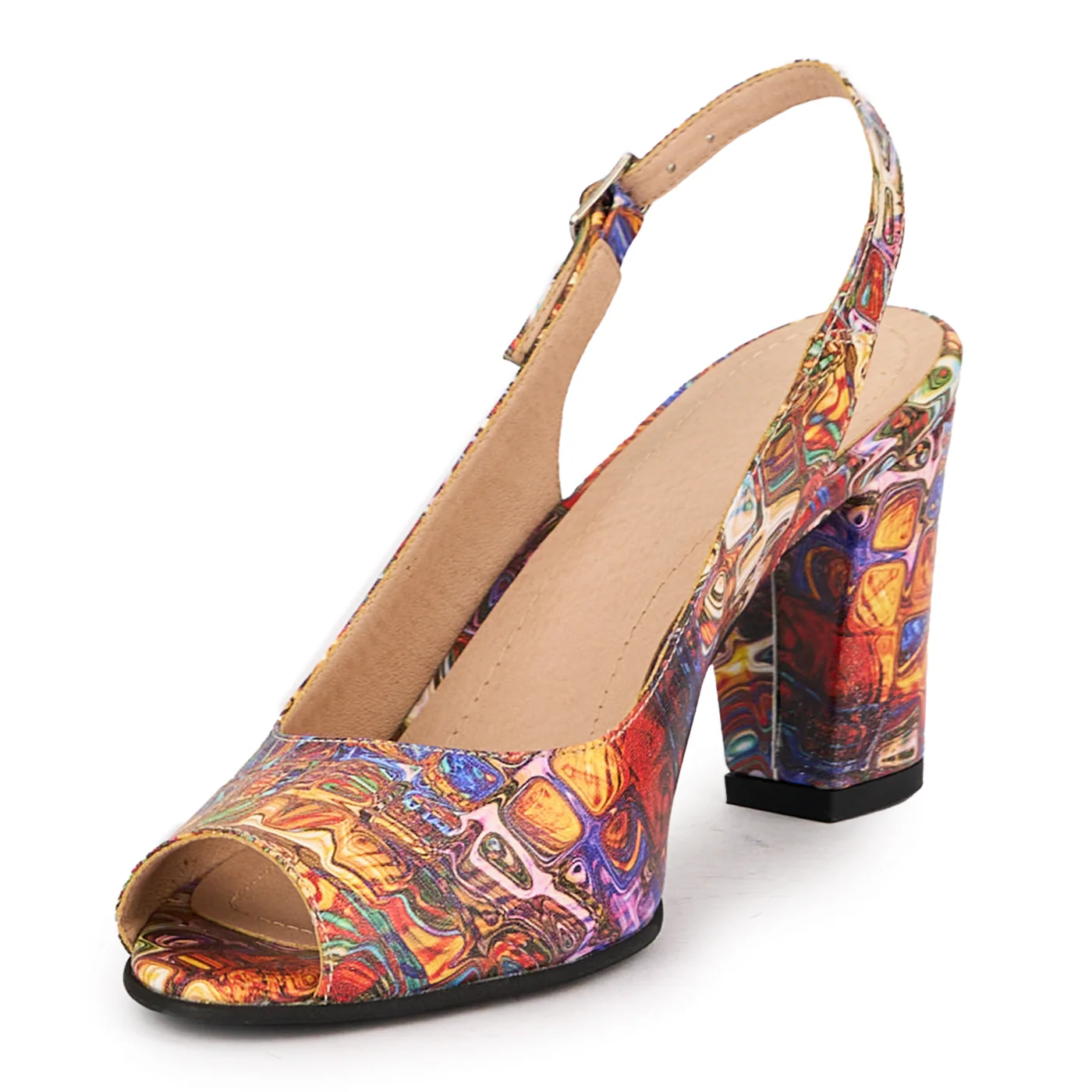 Sandale dama din piele naturala multicolor cu toc gros 8 cm 16403 - Image 3
