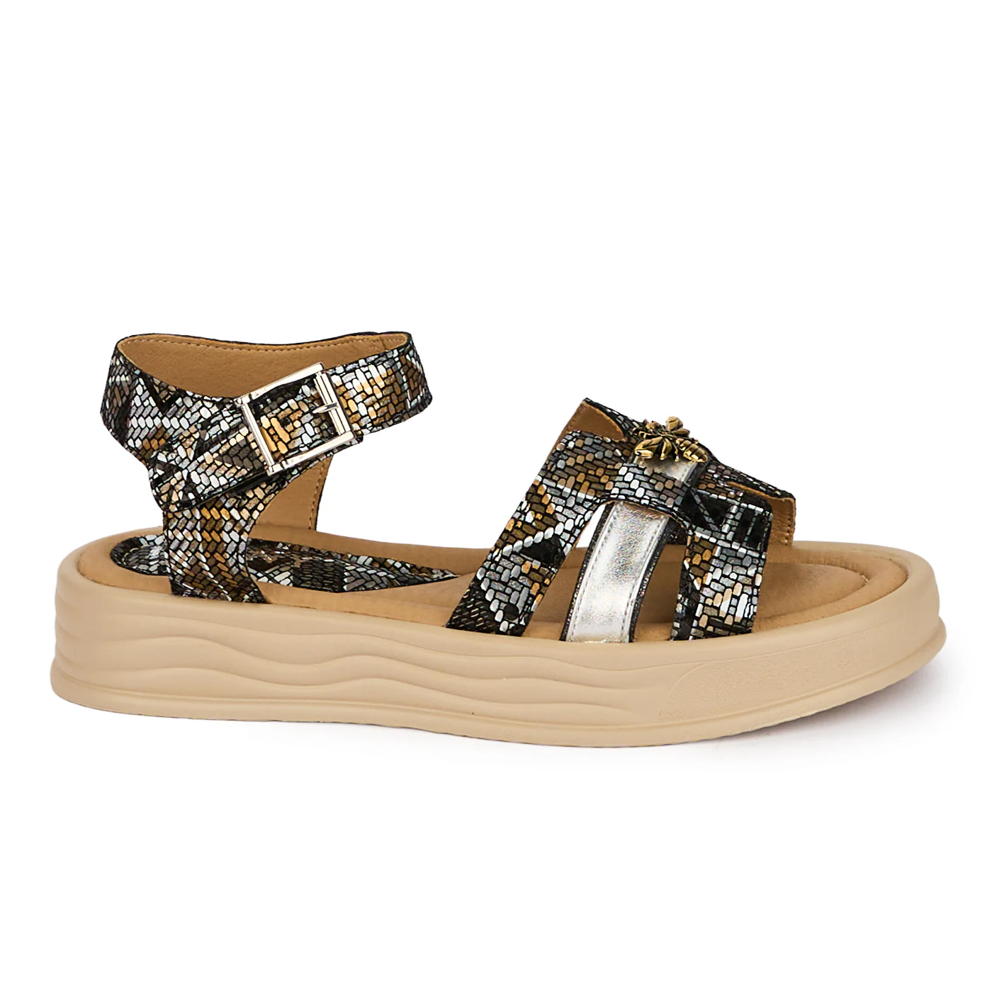 Sandale dama din piele naturala multicolora cu accesoriu 18390