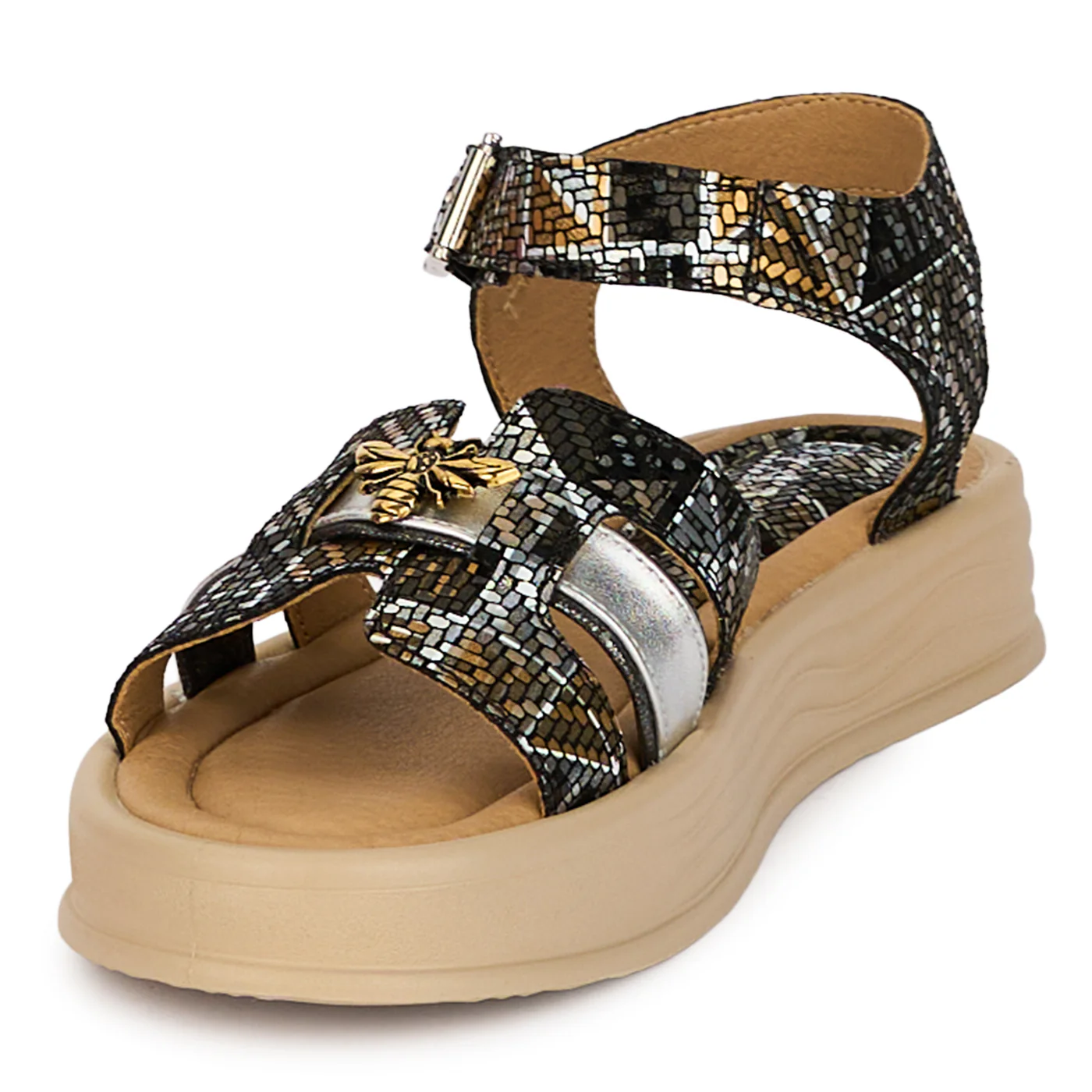 Sandale dama din piele naturala multicolora cu accesoriu 18390 - Image 3