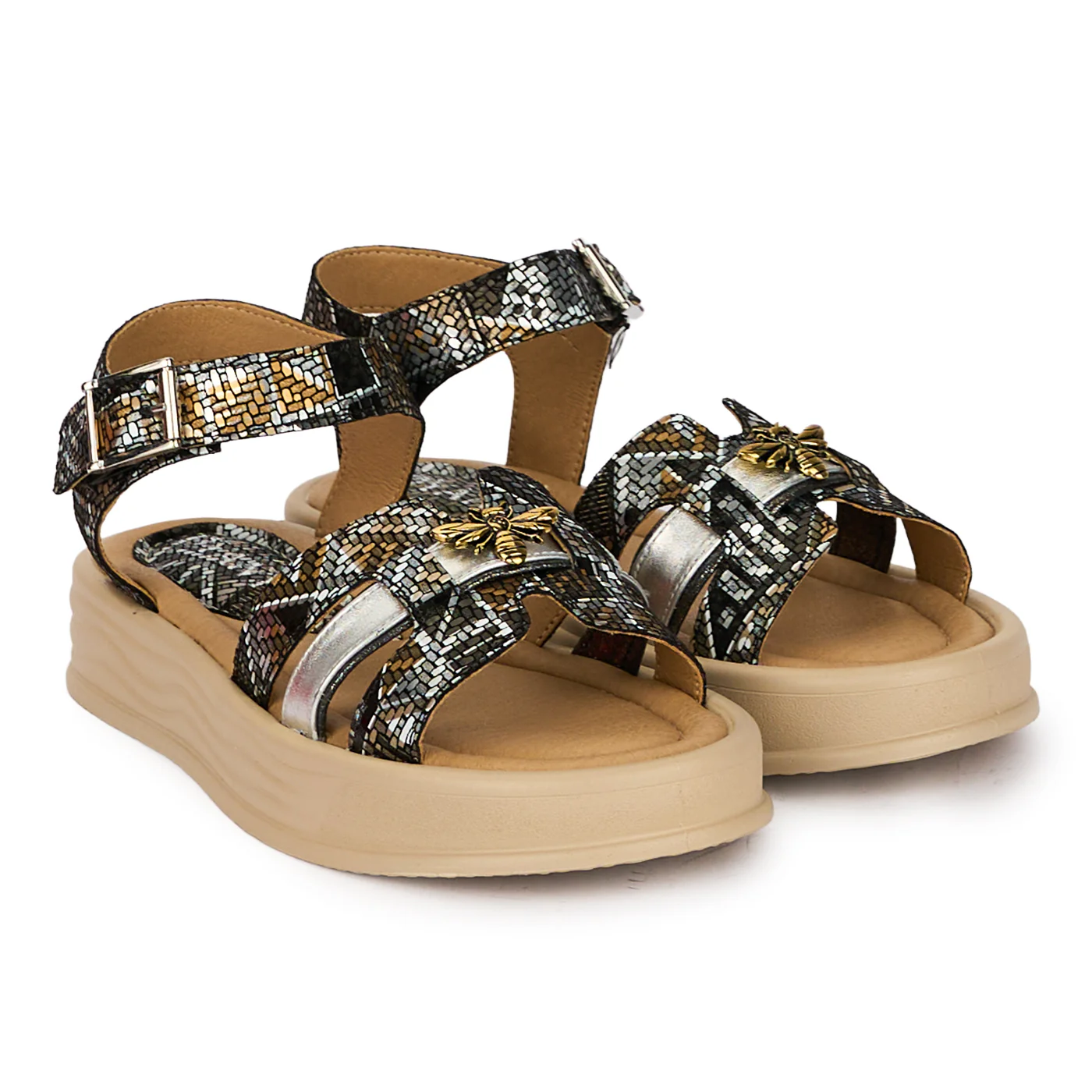 Sandale dama din piele naturala multicolora cu accesoriu 18390 - Image 4