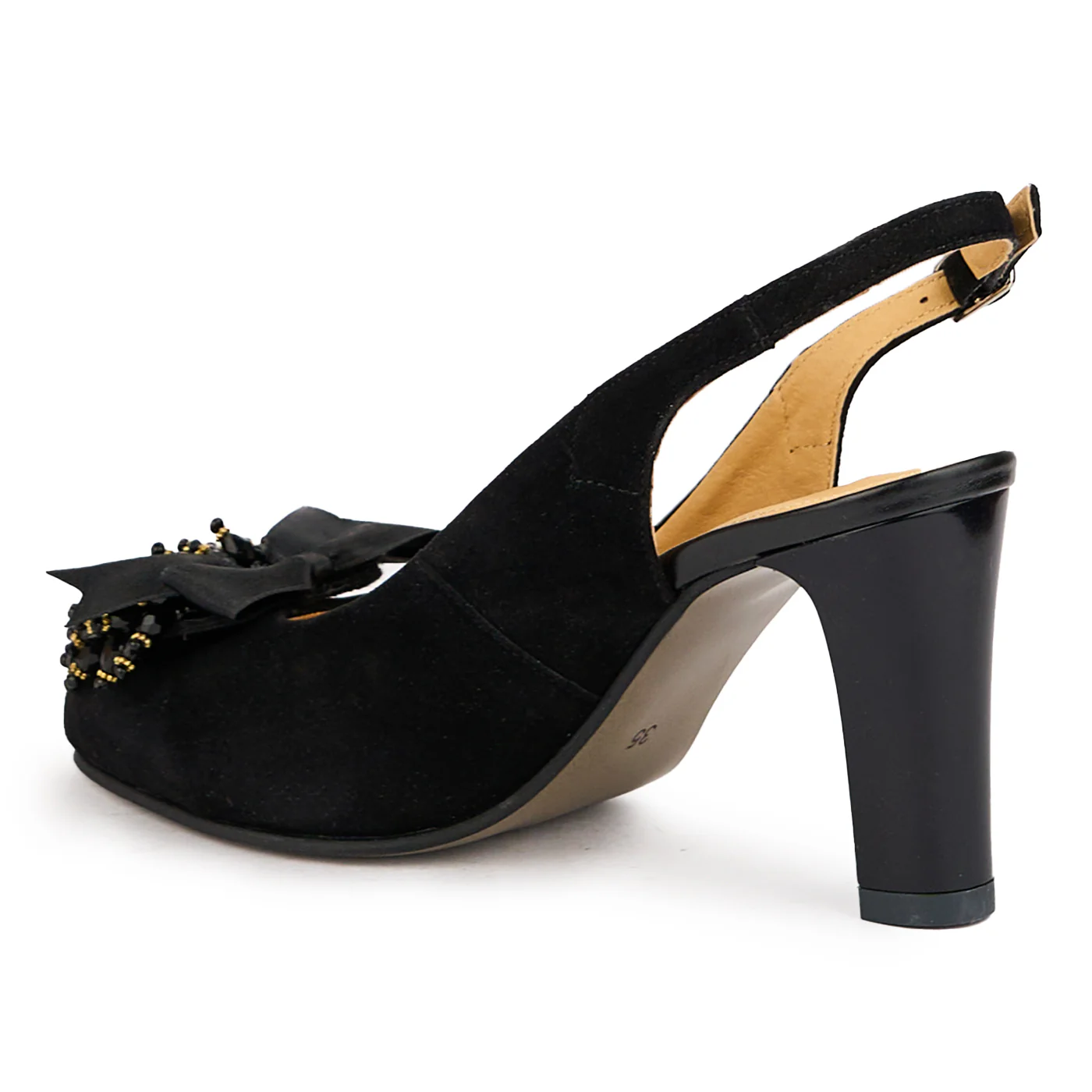 Sandale dama din piele naturala neagra cu accesoriu si toc gros 9 cm 16354 - Image 2