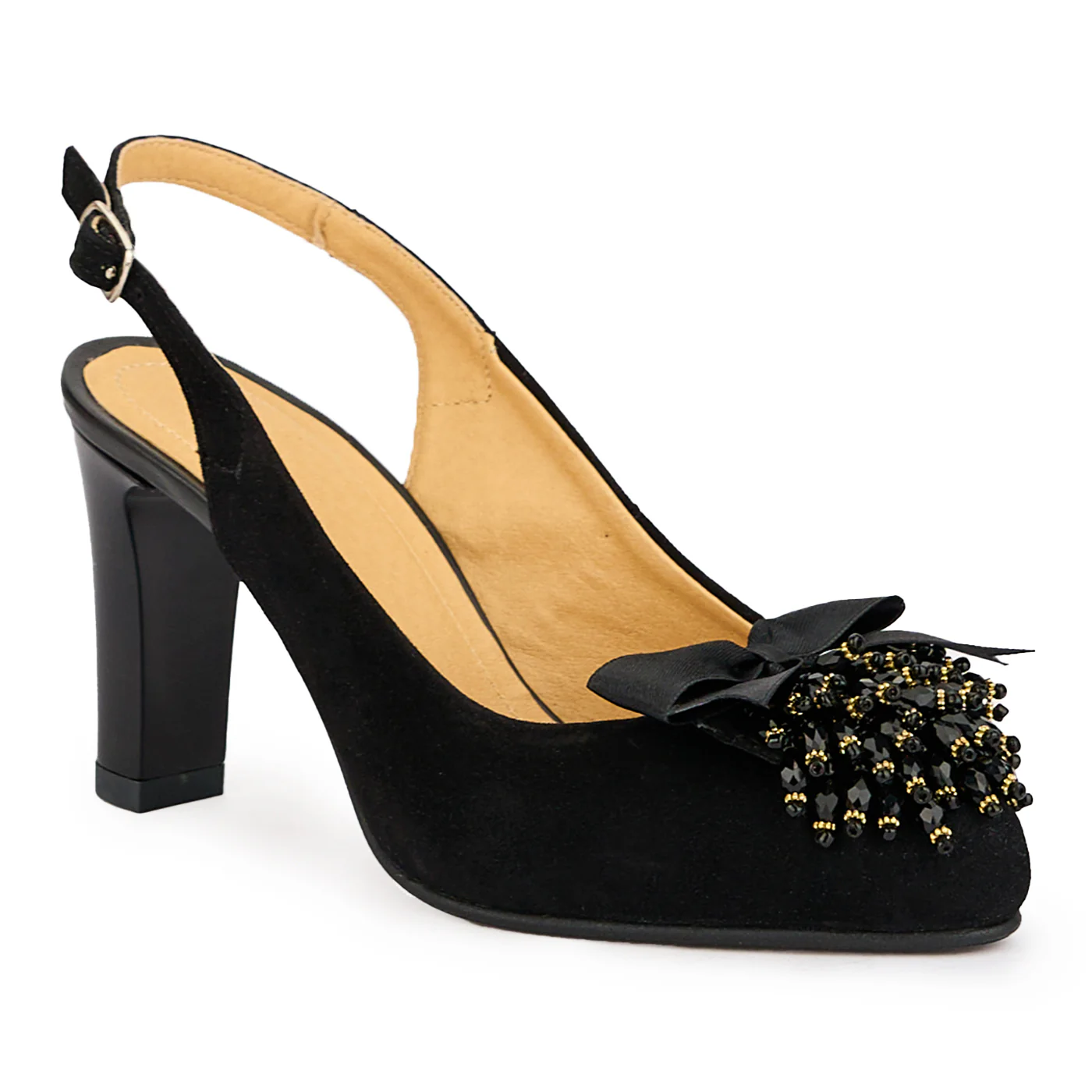 Sandale dama din piele naturala neagra cu accesoriu si toc gros 9 cm 16354 - Image 3
