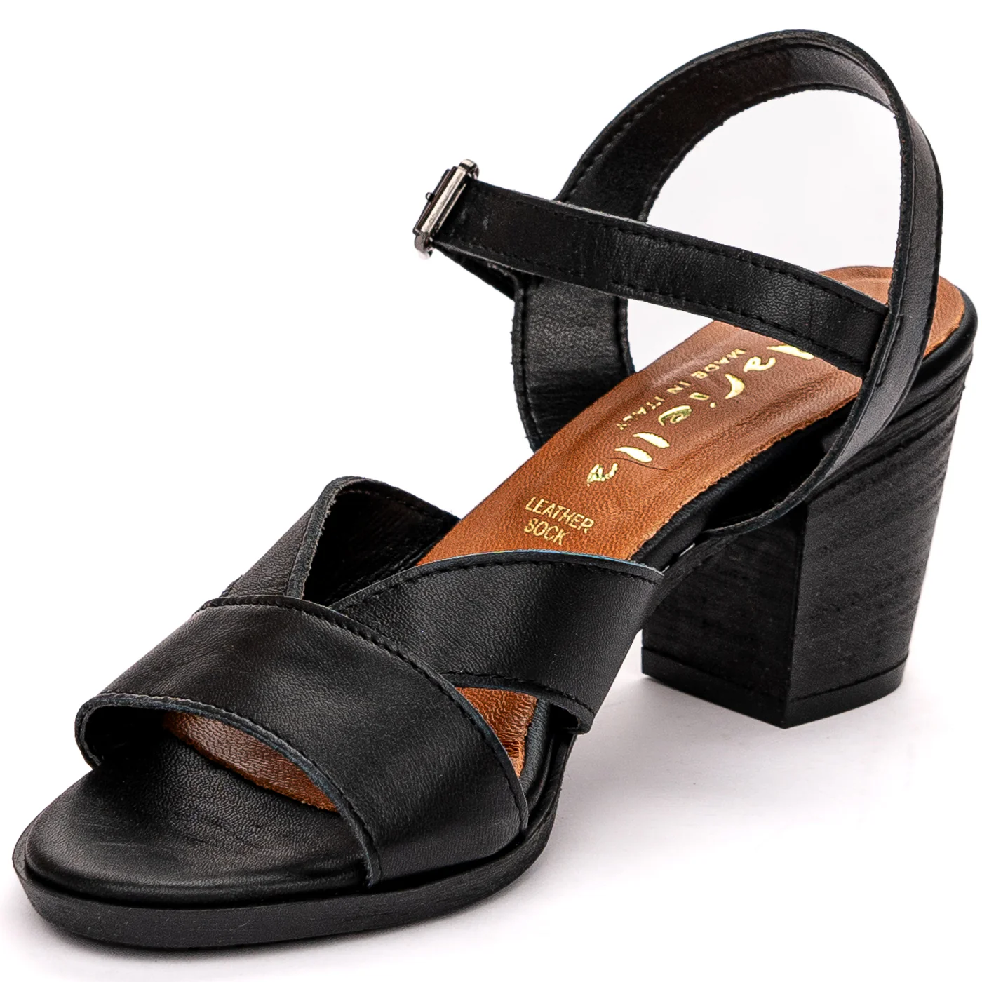 Sandale dama din piele naturala neagra cu toc gros 13609 - Image 3