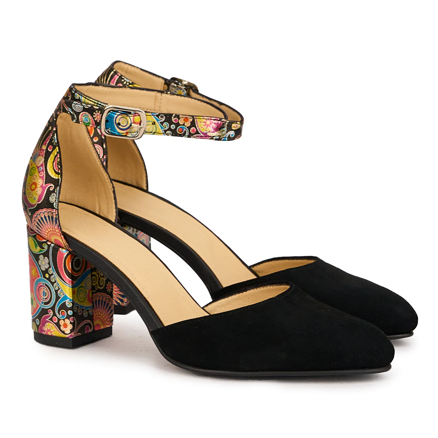 Sandale dama din piele naturala neagra-multicolor cu toc gros 7.5 cm 16691 - Image 4