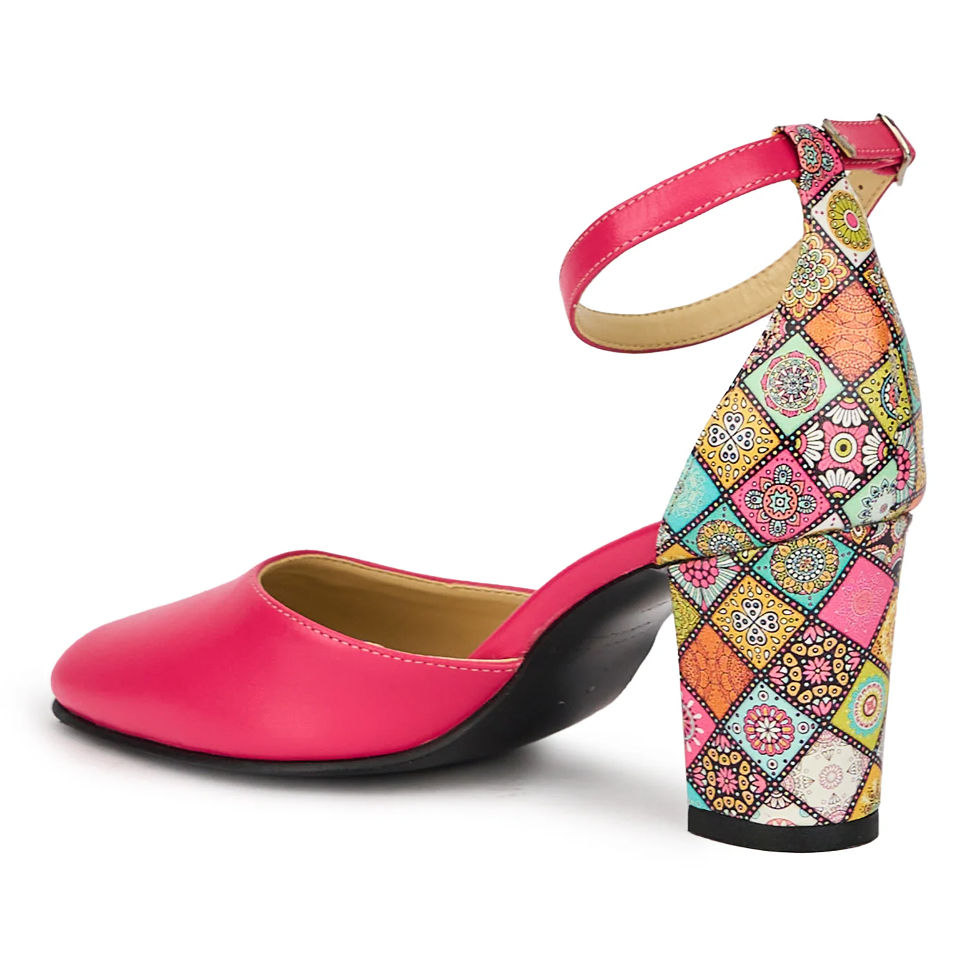 Sandale dama din piele naturala roz-fucsia cu toc gros 7 cm 15611 - Image 2