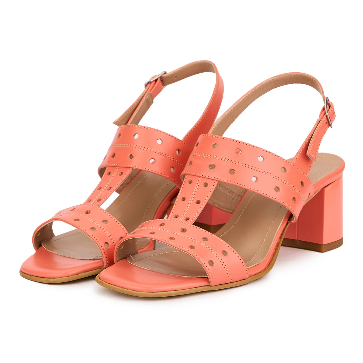 Sandale dama din piele naturala roz-somon cu toc gros 6 cm 16440 - Image 3