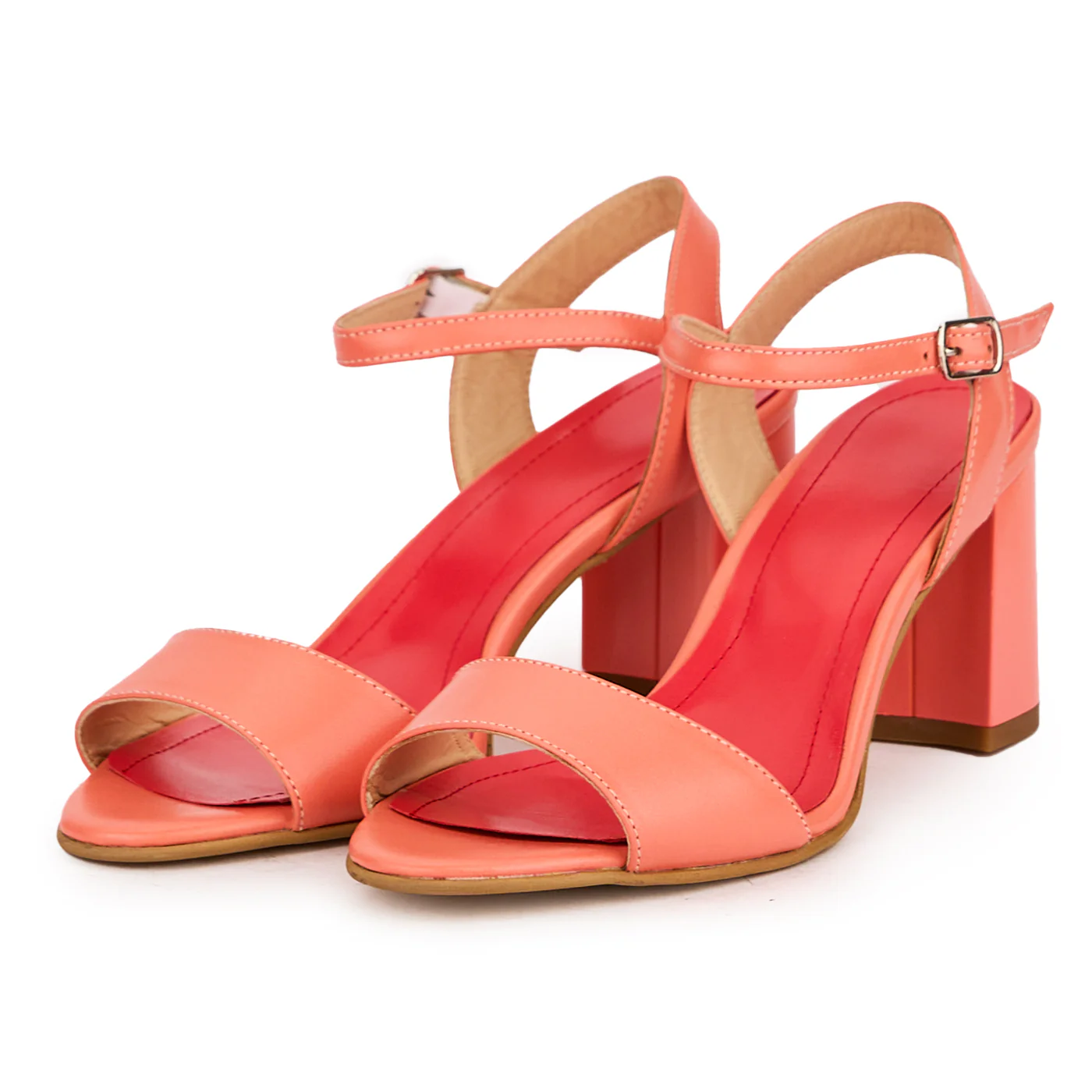 Sandale dama din piele naturala roz-somon cu toc gros 7 cm 16427 - Image 3