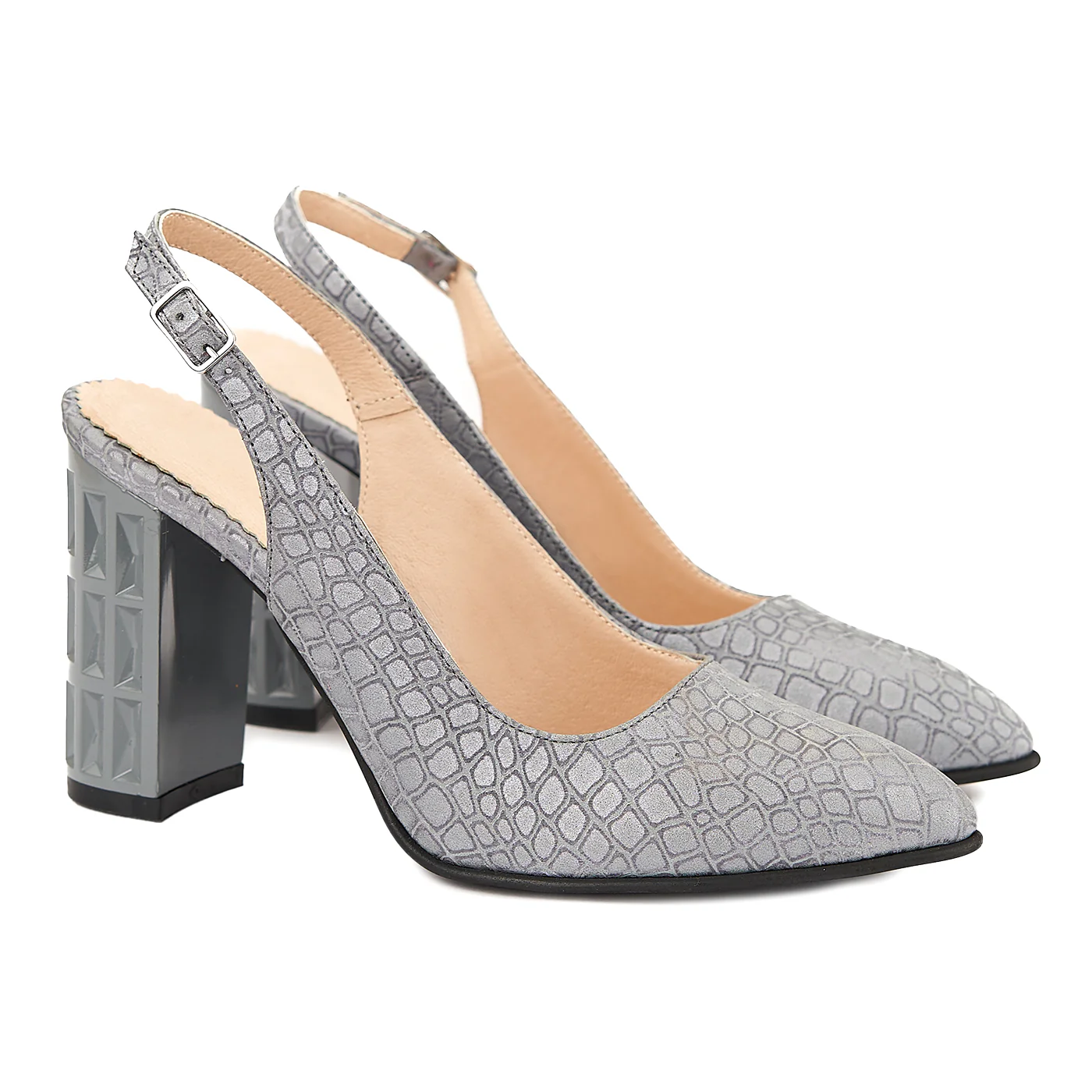 Sandale elegante din piele naturala gri cu toc gros 5048